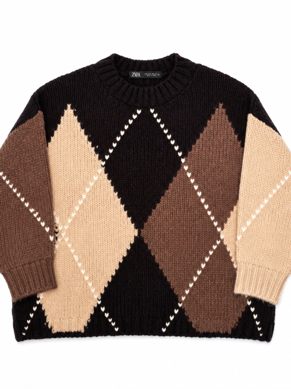 Zara Oversized argyle Chunky Knit sweater. Brown/Black/Cream. Size L